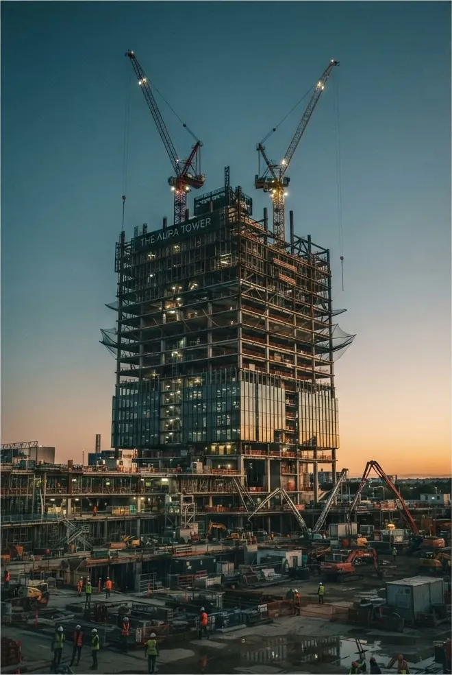 Construction site at dusk with cranes and active work areas