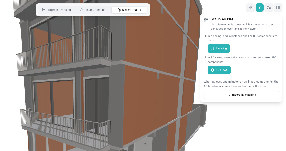 Bimefy 4D BIM setup showing construction planning milestones linked to BIM components