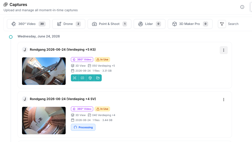 Bimefy capture history showing dated 360° site walkthroughs in a project