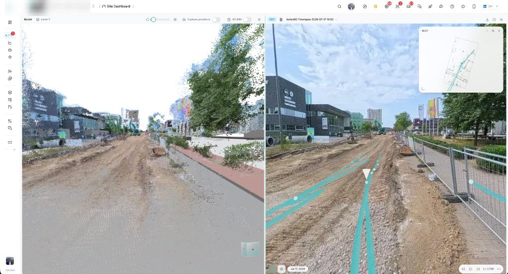 Bimefy showing a BIM model alongside a 360° construction site capture