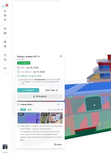 A planned activity compared side by side with the BIM model and a site photograph of the built walls